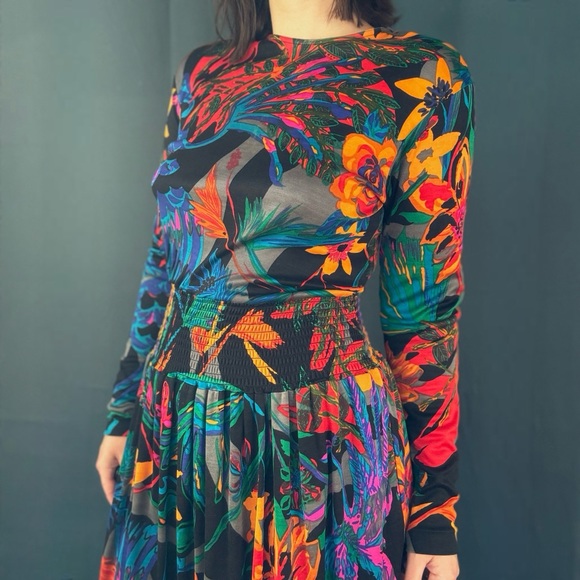 Vintage 80s Flora Kung Floral Silk Jersey Dress - Picture 3 of 6